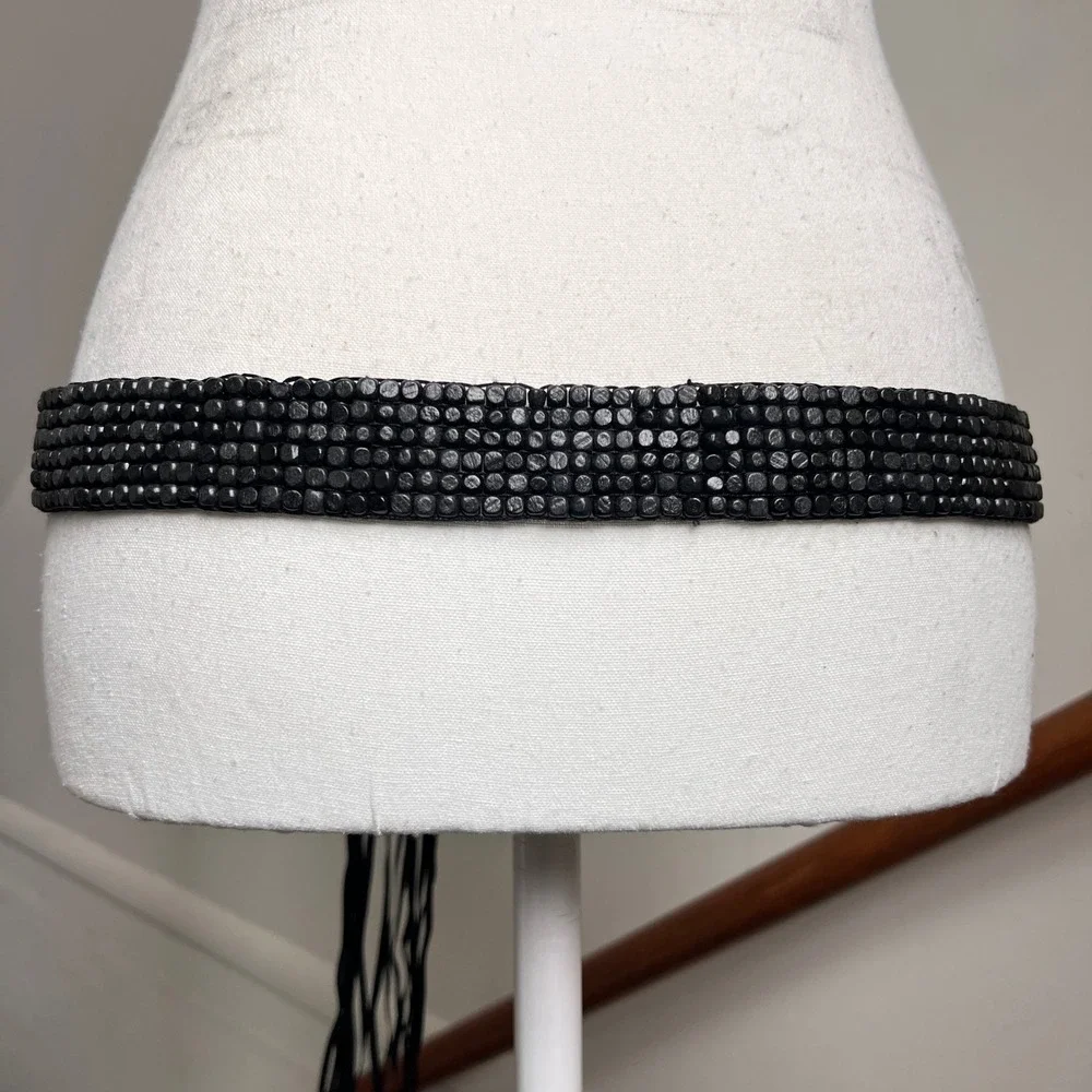 Vintage Beaded Waist Belt One Size Black Wood Cube Tie Closure Boho Western Goth